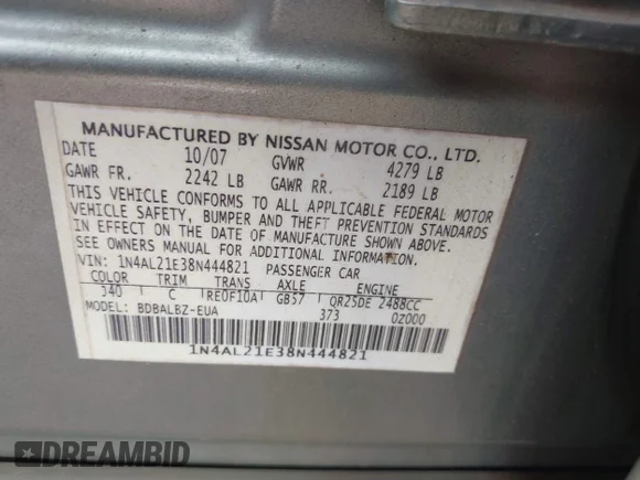✅ 2008 Nissan Altima S • VIN: 1N4AL21E38N444821 • Lot: 43858233. Wystawiony na IAAI z przebiegiem 201 539 mil. Bezpłatny archiwum sprzedaży aukcyjnych z USA i szczegółowy raport historii pojazdu na DreamBid. Zdjęcie 9.