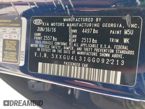 ✅ 2016 Kia Optima EX • VIN: 5XXGU4L31GG092213 • Lot: 45183375. Wystawiony na IAAI z przebiegiem 77 657 mil. Bezpłatny archiwum sprzedaży aukcyjnych z USA i szczegółowy raport historii pojazdu na DreamBid. Zdjęcie 9.