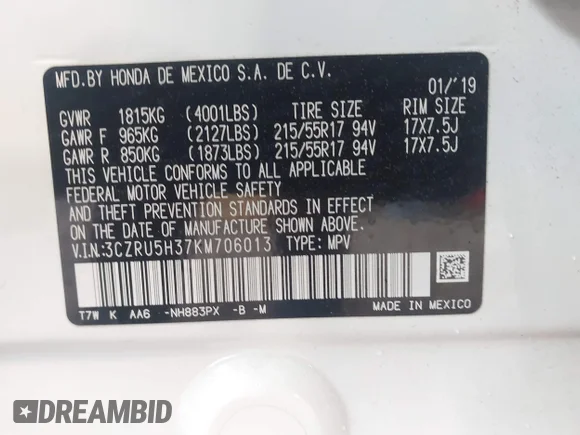 ✅ 2019 Honda HR-V LX • VIN: 3CZRU5H37KM706013 • Lot: 45047693. Listed on IAAI with 60,000 mi. Free auction sales archive from the USA and detailed vehicle history report at DreamBid. Image 9.