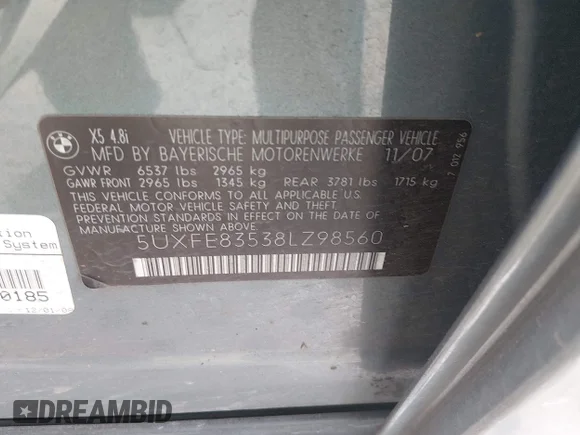 ✅ 2008 BMW X5 4.8i • VIN: 5UXFE83538LZ98560 • Lot: 44788722. Listed on IAAI with 94,451 mi. Free auction sales archive from the USA and detailed vehicle history report at DreamBid. Image 9.