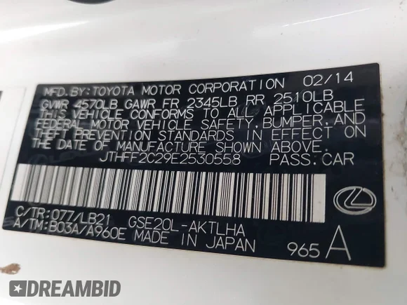 ✅ 2014 Lexus IS 250 C • VIN: JTHFF2C29E2530558 • Lot: 42804468. Listed on IAAI with 53,756 mi. Free auction sales archive from the USA and detailed vehicle history report at DreamBid. Image 9.