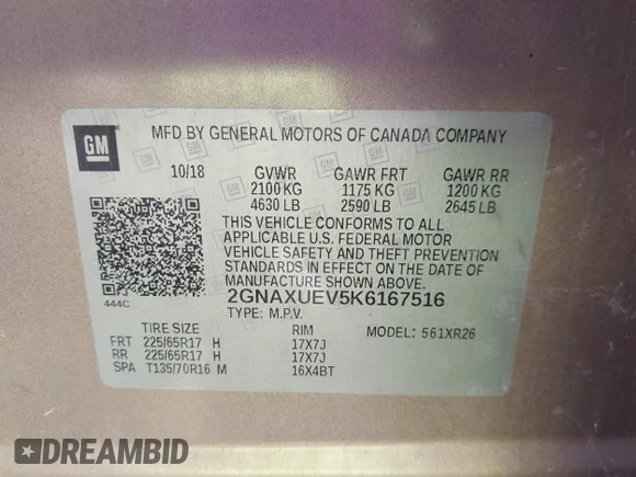 ✅ 2019 Chevrolet Equinox LT • VIN: 2GNAXUEV5K6167516 • Lot: 45383760. Wystawiony na IAAI z przebiegiem 62 321 mil. Bezpłatny archiwum sprzedaży aukcyjnych z USA i szczegółowy raport historii pojazdu na DreamBid. Zdjęcie 9.