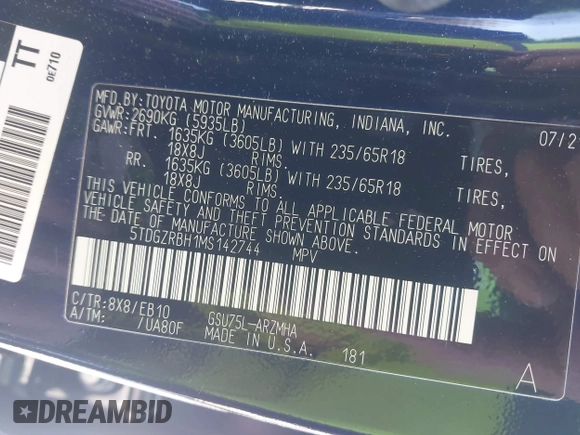 ✅ 2021 Toyota Highlander XLE • VIN: 5TDGZRBH1MS142744 • Lot: 44055344. Wystawiony na IAAI z przebiegiem 38 645 mil. Bezpłatny archiwum sprzedaży aukcyjnych z USA i szczegółowy raport historii pojazdu na DreamBid. Zdjęcie 9.
