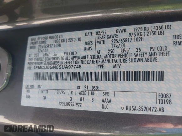 ✅ 2025 Ford Escape Active • VIN: 1FMCU0GN8SUA97748 • Lot: 44804193. Listed on IAAI with 5,330 mi. Free auction sales archive from the USA and detailed vehicle history report at DreamBid. Image 9.
