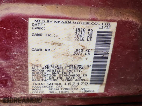 ✅ 2013 Nissan Altima S • VIN: 1N4AL3APXDC167470 • Lot: 54821946. Wystawiony na Copart z przebiegiem 234 142 mil. Bezpłatny archiwum sprzedaży aukcyjnych z USA i szczegółowy raport historii pojazdu na DreamBid. Zdjęcie 13.
