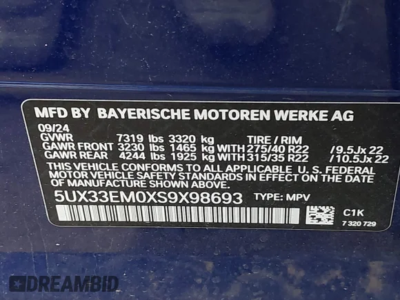 ✅ 2025 BMW X7 M60i • VIN: 5UX33EM0XS9X98693 • Лот: 41009705. Опубліковано раніше на IAAI з пробігом 2 814 миль. Безкоштовний доступ до архіву аукціонних продажів зі США та докладний звіт про історію автомобіля на DreamBid. Зображення 9.