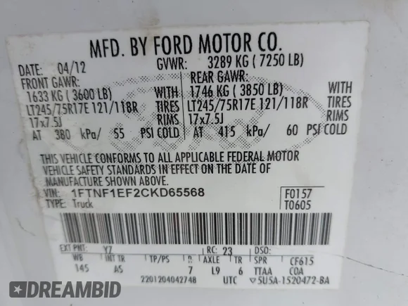 ✅ 2012 Ford F-150 XL • VIN: 1FTNF1EF2CKD65568 • Лот: 42476856. Опубліковано раніше на IAAI з пробігом 239 503 миль. Безкоштовний доступ до архіву аукціонних продажів зі США та докладний звіт про історію автомобіля на DreamBid. Зображення 9.