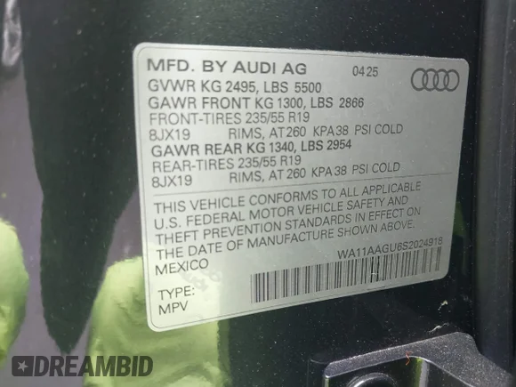 ✅ 2025 Audi Q5 Premium • VIN: WA11AAGU6S2024918 • Лот: 45095197. Опубліковано раніше на IAAI з пробігом 8 870 миль. Безкоштовний доступ до архіву аукціонних продажів зі США та докладний звіт про історію автомобіля на DreamBid. Зображення 9.