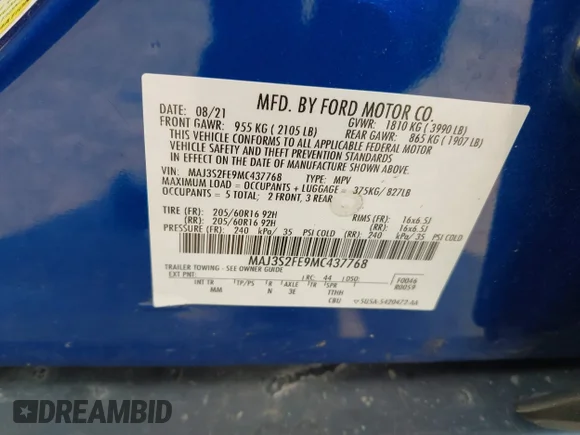 ✅ 2021 Ford EcoSport S • VIN: MAJ3S2FE9MC437768 • Лот: 45337368. Опубліковано раніше на IAAI з пробігом 122 201 миль. Безкоштовний доступ до архіву аукціонних продажів зі США та докладний звіт про історію автомобіля на DreamBid. Зображення 9.