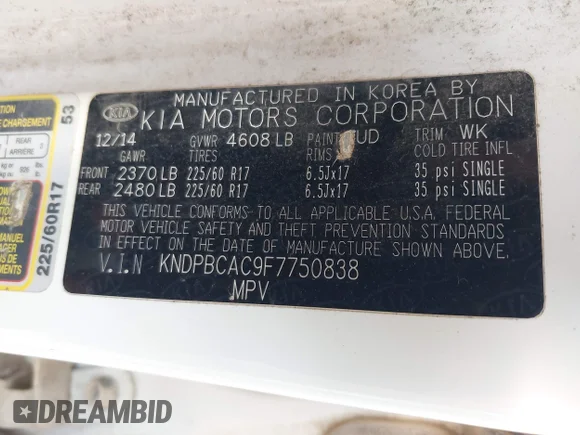 ✅ 2015 Kia Sportage LX • VIN: KNDPBCAC9F7750838 • Lot: 44650554. Listed on IAAI with 166,508 mi. Free auction sales archive from the USA and detailed vehicle history report at DreamBid. Image 9.