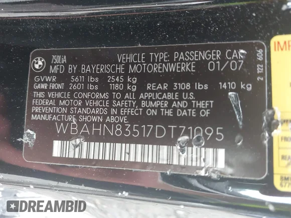 ✅ 2007 BMW 7 Series 750Li • VIN: WBAHN83517DT71095 • Lot: 42688280. Wystawiony na IAAI z przebiegiem Nie podano. Bezpłatny archiwum sprzedaży aukcyjnych z USA i szczegółowy raport historii pojazdu na DreamBid. Zdjęcie 9.