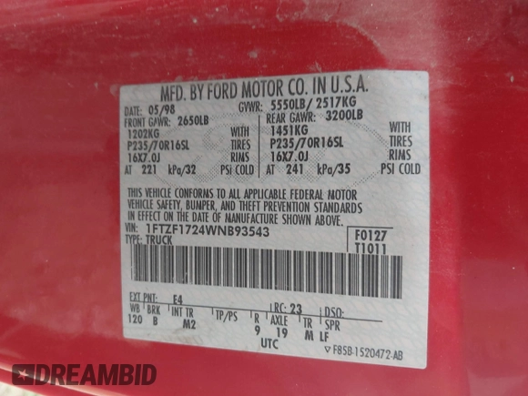 ✅ 1998 Ford F-150 • VIN: 1FTZF1724WNB93543 • Lot: 43179840. Wystawiony na IAAI z przebiegiem 200 655 mil. Bezpłatny archiwum sprzedaży aukcyjnych z USA i szczegółowy raport historii pojazdu na DreamBid. Zdjęcie 9.