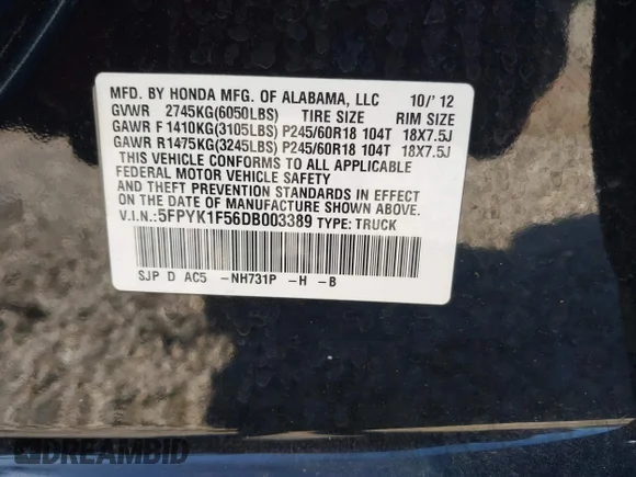 ✅ 2013 Honda Ridgeline RTL • VIN: 5FPYK1F56DB003389 • Лот: 41802788. Опубликован ранее на IAAI с пробегом 104 199 миль. Бесплатный доступ к архиву аукционных продаж из США и подробный отчёт об истории автомобиля на DreamBid. Изображение 9.