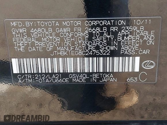 ✅ 2012 Lexus ES 330 • VIN: JTHBK1EG8C2475322 • Лот: 41837584. Опубликован ранее на IAAI с пробегом 116 705 миль. Бесплатный доступ к архиву аукционных продаж из США и подробный отчёт об истории автомобиля на DreamBid. Изображение 9.