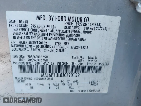 ✅ 2018 Ford EcoSport SE • VIN: MAJ6P1UL8JC190152 • Lot: 41568695. Wystawiony na IAAI z przebiegiem 153 951 mil. Bezpłatny archiwum sprzedaży aukcyjnych z USA i szczegółowy raport historii pojazdu na DreamBid. Zdjęcie 9.