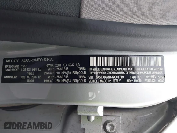 ✅ 2018 Alfa Romeo Stelvio • VIN: ZASFAKAN4J7C01719 • Lot: 43579591. Listed on IAAI with 88,448 mi. Free auction sales archive from the USA and detailed vehicle history report at DreamBid. Image 9.