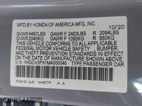 ✅ 2021 Honda Accord Touring • VIN: 1HGCV3F91MA000046 • Lot: 43917261. Wystawiony na IAAI z przebiegiem 131 629 mil. Bezpłatny archiwum sprzedaży aukcyjnych z USA i szczegółowy raport historii pojazdu na DreamBid. Zdjęcie 9.