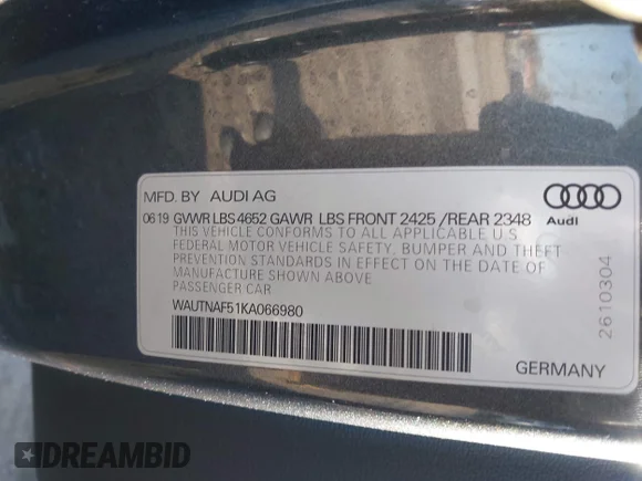 ✅ 2019 Audi A5 Premium Plus • VIN: WAUTNAF51KA066980 • Lot: 43998144. Listed on IAAI with 52,125 mi. Free auction sales archive from the USA and detailed vehicle history report at DreamBid. Image 9.