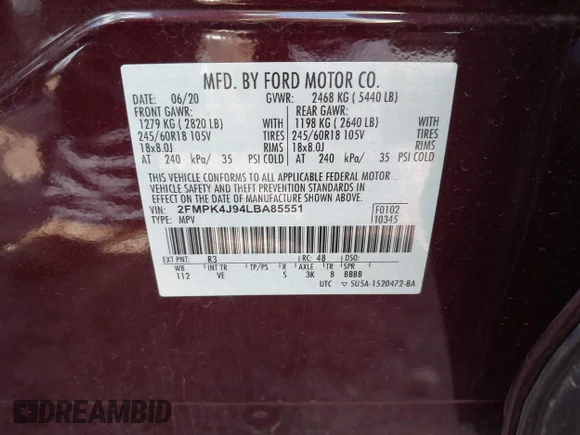 ✅ 2020 Ford Edge SEL • VIN: 2FMPK4J94LBA85551 • Lot: 41994442. Wystawiony na IAAI z przebiegiem 27 329 mil. Bezpłatny archiwum sprzedaży aukcyjnych z USA i szczegółowy raport historii pojazdu na DreamBid. Zdjęcie 9.