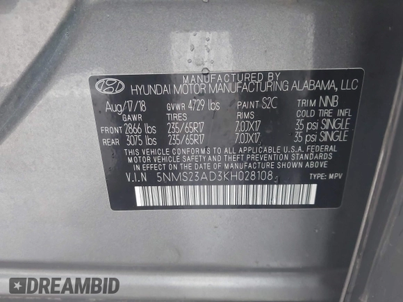 ✅ 2019 Hyundai Santa Fe SE • VIN: 5NMS23AD3KH028108 • Lot: 43763584. Wystawiony na IAAI z przebiegiem 126 325 mil. Bezpłatny archiwum sprzedaży aukcyjnych z USA i szczegółowy raport historii pojazdu na DreamBid. Zdjęcie 9.