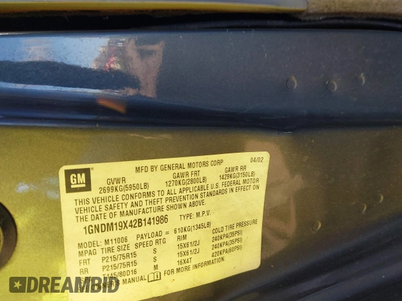 ✅ 2002 Chevrolet Astro • VIN: 1GNDM19X42B141986 • Lot: 43412057. Wystawiony na IAAI z przebiegiem Nie podano. Bezpłatny archiwum sprzedaży aukcyjnych z USA i szczegółowy raport historii pojazdu na DreamBid. Zdjęcie 9.