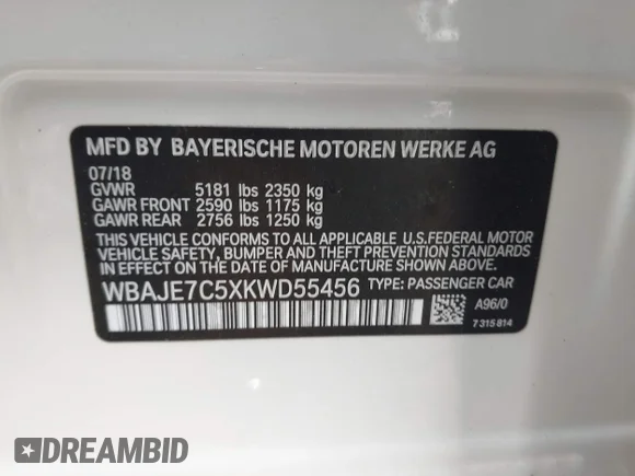 ✅ 2019 BMW 5 Series 540i xDrive • VIN: WBAJE7C5XKWD55456 • Лот: 44483430. Опубліковано раніше на IAAI з пробігом 80 221 миль. Безкоштовний доступ до архіву аукціонних продажів зі США та докладний звіт про історію автомобіля на DreamBid. Зображення 9.