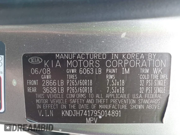 ✅ 2009 Kia Borrego EX • VIN: KNDJH741795014891 • Lot: 43036472. Wystawiony na IAAI z przebiegiem 159 746 mil. Bezpłatny archiwum sprzedaży aukcyjnych z USA i szczegółowy raport historii pojazdu na DreamBid. Zdjęcie 9.
