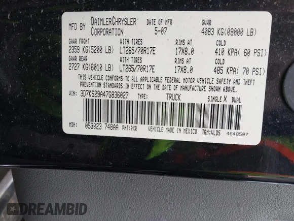 ✅ 2007 Dodge 2500 Laramie • VIN: 3D7KS29A47G836027 • Лот: 44320132. Опубліковано раніше на IAAI з пробігом 125 695 миль. Безкоштовний доступ до архіву аукціонних продажів зі США та докладний звіт про історію автомобіля на DreamBid. Зображення 9.