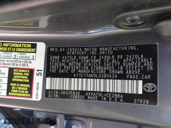 ✅ 2020 Toyota Camry LE • VIN: 4T1C11AK0LU385424 • Lot: 43993465. Wystawiony na IAAI z przebiegiem 147 224 mil. Bezpłatny archiwum sprzedaży aukcyjnych z USA i szczegółowy raport historii pojazdu na DreamBid. Zdjęcie 9.