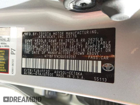 ✅ 2016 Toyota Camry LE • VIN: 4T1BF1FK3GU593597 • Лот: 45315699. Опубліковано раніше на IAAI з пробігом 84 451 миль. Безкоштовний доступ до архіву аукціонних продажів зі США та докладний звіт про історію автомобіля на DreamBid. Зображення 9.