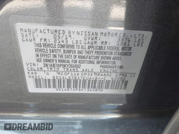 ✅ 2019 Nissan Sentra SL • VIN: 3N1AB7AP8KY364892 • Lot: 42992077. Listed on IAAI with 118,607 mi. Free auction sales archive from the USA and detailed vehicle history report at DreamBid. Image 9.