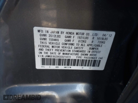 ✅ 2012 Honda Fit • VIN: JHMGE8G38CC021873 • Lot: 43920470. Wystawiony na IAAI z przebiegiem 185 406 mil. Bezpłatny archiwum sprzedaży aukcyjnych z USA i szczegółowy raport historii pojazdu na DreamBid. Zdjęcie 9.