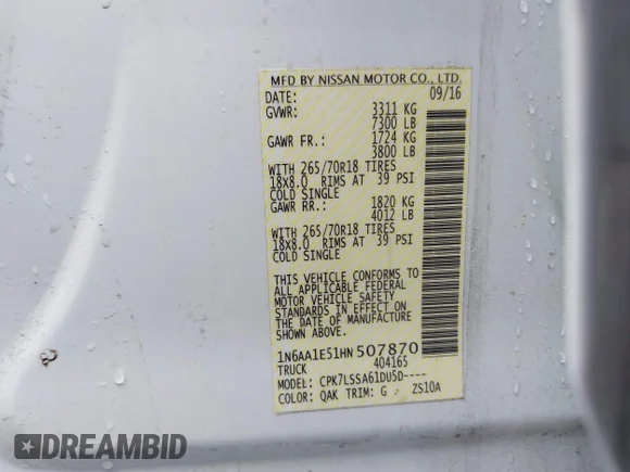 ✅ 2017 Nissan Titan Platinum Reserve • VIN: 1N6AA1E51HN507870 • Lot: 44196777. Wystawiony na IAAI z przebiegiem 138 857 mil. Bezpłatny archiwum sprzedaży aukcyjnych z USA i szczegółowy raport historii pojazdu na DreamBid. Zdjęcie 9.