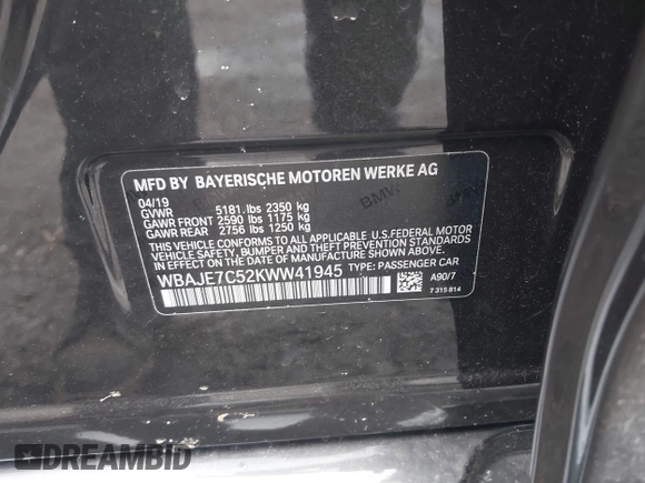✅ 2019 BMW 5 Series 540i xDrive • VIN: WBAJE7C52KWW41945 • Lot: 44507024. Wystawiony na IAAI z przebiegiem 89 074 mil. Bezpłatny archiwum sprzedaży aukcyjnych z USA i szczegółowy raport historii pojazdu na DreamBid. Zdjęcie 9.