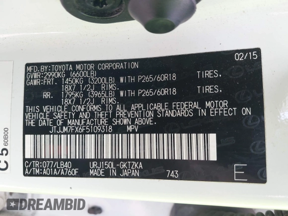 ✅ 2015 Lexus GX 460 Luxury • VIN: JTJJM7FX6F5109318 • Lot: 42895831. Wystawiony na IAAI z przebiegiem 83 197 mil. Bezpłatny archiwum sprzedaży aukcyjnych z USA i szczegółowy raport historii pojazdu na DreamBid. Zdjęcie 9.