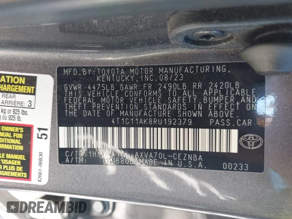 ✅ 2024 Toyota Camry LE • VIN: 4T1C11AK8RU192379 • Lot: 43417270. Wystawiony na IAAI z przebiegiem 47 833 mil. Bezpłatny archiwum sprzedaży aukcyjnych z USA i szczegółowy raport historii pojazdu na DreamBid. Zdjęcie 9.