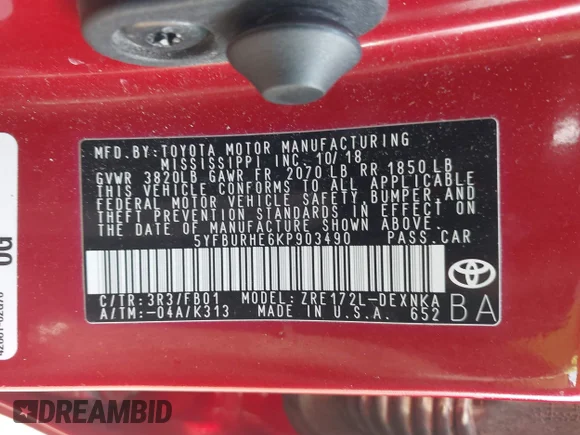 ✅ 2019 Toyota Corolla LE • VIN: 5YFBURHE6KP903490 • Lot: 43246091. Wystawiony na IAAI z przebiegiem 96 171 mil. Bezpłatny archiwum sprzedaży aukcyjnych z USA i szczegółowy raport historii pojazdu na DreamBid. Zdjęcie 9.