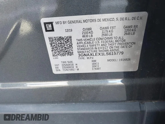 ✅ 2020 Chevrolet Equinox LT • VIN: 3GNAXLEX1LS615779 • Лот: 44190719. Опубліковано раніше на IAAI з пробігом 82 427 миль. Безкоштовний доступ до архіву аукціонних продажів зі США та докладний звіт про історію автомобіля на DreamBid. Зображення 9.