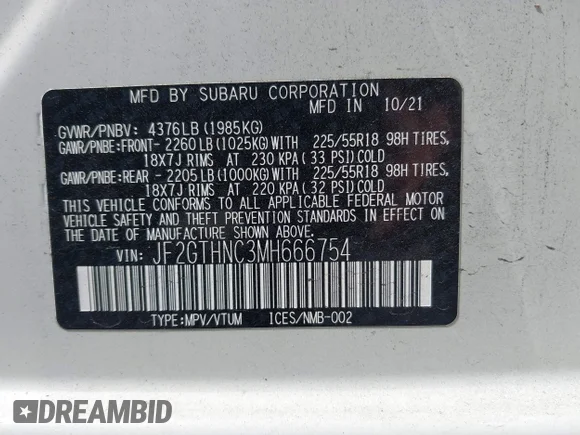 ✅ 2021 Subaru Crosstrek Limited • VIN: JF2GTHNC3MH666754 • Lot: 44551187. Wystawiony na IAAI z przebiegiem 13 243 mil. Bezpłatny archiwum sprzedaży aukcyjnych z USA i szczegółowy raport historii pojazdu na DreamBid. Zdjęcie 9.