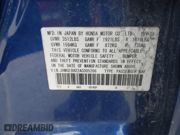 ✅ 2010 Honda Fit • VIN: JHMGE8H22AC005266 • Lot: 41240018. Wystawiony na IAAI z przebiegiem 251 542 mil. Bezpłatny archiwum sprzedaży aukcyjnych z USA i szczegółowy raport historii pojazdu na DreamBid. Zdjęcie 9.