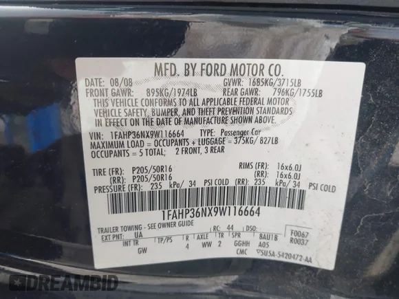 ✅ 2009 Ford Focus SES • VIN: 1FAHP36NX9W116664 • Lot: 44335978. Wystawiony na IAAI z przebiegiem 84 368 mil. Bezpłatny archiwum sprzedaży aukcyjnych z USA i szczegółowy raport historii pojazdu na DreamBid. Zdjęcie 9.