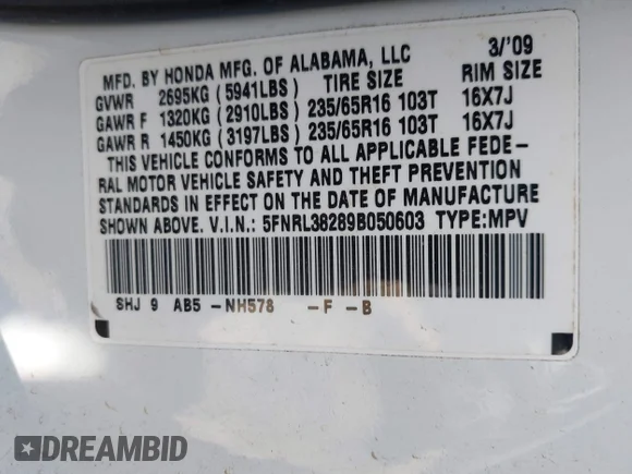 ✅ 2009 Honda Odyssey LX • VIN: 5FNRL38289B050603 • Лот: 44029023. Опубликован ранее на IAAI с пробегом 182 548 миль. Бесплатный доступ к архиву аукционных продаж из США и подробный отчёт об истории автомобиля на DreamBid. Изображение 9.