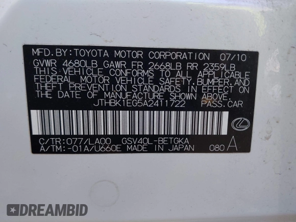 ✅ 2010 Lexus ES 330 • VIN: JTHBK1EG5A2411722 • Lot: 44203123. Wystawiony na IAAI z przebiegiem 77 593 mil. Bezpłatny archiwum sprzedaży aukcyjnych z USA i szczegółowy raport historii pojazdu na DreamBid. Zdjęcie 9.