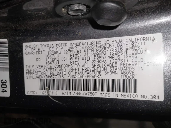 ✅ 2011 Toyota Tacoma • VIN: 3TMLU4ENXBM077178 • Lot: 44331106. Wystawiony na IAAI z przebiegiem 245 433 mil. Bezpłatny archiwum sprzedaży aukcyjnych z USA i szczegółowy raport historii pojazdu na DreamBid. Zdjęcie 9.