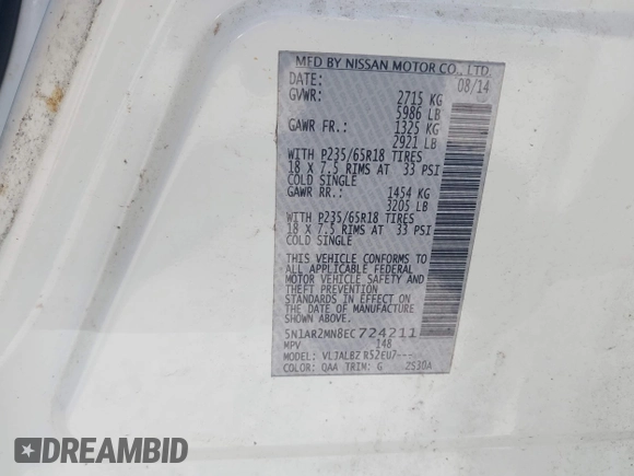 ✅ 2014 Nissan Pathfinder Platinum • VIN: 5N1AR2MN8EC724211 • Lot: 44897444. Wystawiony na IAAI z przebiegiem 177 219 mil. Bezpłatny archiwum sprzedaży aukcyjnych z USA i szczegółowy raport historii pojazdu na DreamBid. Zdjęcie 9.