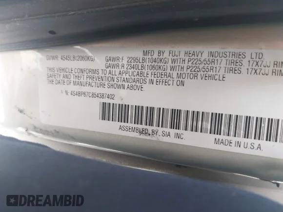✅ 2005 Subaru Legacy Outback XT Limited • VIN: 4S4BP67C854387402 • Lot: 44960208. Listed on IAAI with 160,473 mi. Free auction sales archive from the USA and detailed vehicle history report at DreamBid. Image 9.