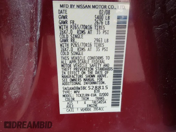 ✅ 2008 Nissan Xterra X • VIN: 5N1AN08W38C528815 • Лот: 45359914. Опубліковано раніше на IAAI з пробігом 145 618 миль. Безкоштовний доступ до архіву аукціонних продажів зі США та докладний звіт про історію автомобіля на DreamBid. Зображення 9.