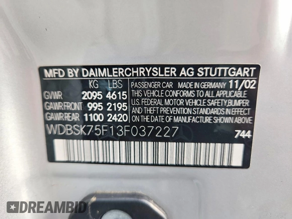 ✅ 2003 Mercedes-Benz SL 500 • VIN: WDBSK75F13F037227 • Лот: 54915896. Опубліковано раніше на Copart з пробігом 111 899 миль. Безкоштовний доступ до архіву аукціонних продажів зі США та докладний звіт про історію автомобіля на DreamBid. Зображення 12.