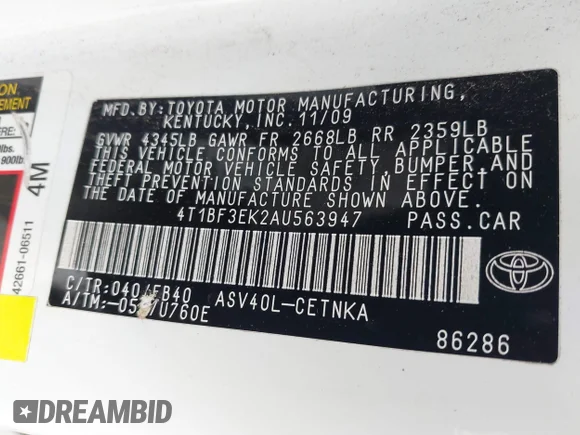 ✅ 2010 Toyota Camry XLE • VIN: 4T1BF3EK2AU563947 • Lot: 43099516. Wystawiony na IAAI z przebiegiem 204 177 mil. Bezpłatny archiwum sprzedaży aukcyjnych z USA i szczegółowy raport historii pojazdu na DreamBid. Zdjęcie 9.