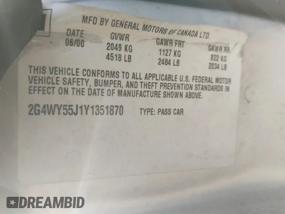 ✅ 2000 Buick Century Limited • VIN: 2G4WY55J1Y1351870 • Лот: 44146933. Опубликован ранее на IAAI с пробегом 154 828 миль. Бесплатный доступ к архиву аукционных продаж из США и подробный отчёт об истории автомобиля на DreamBid. Изображение 9.